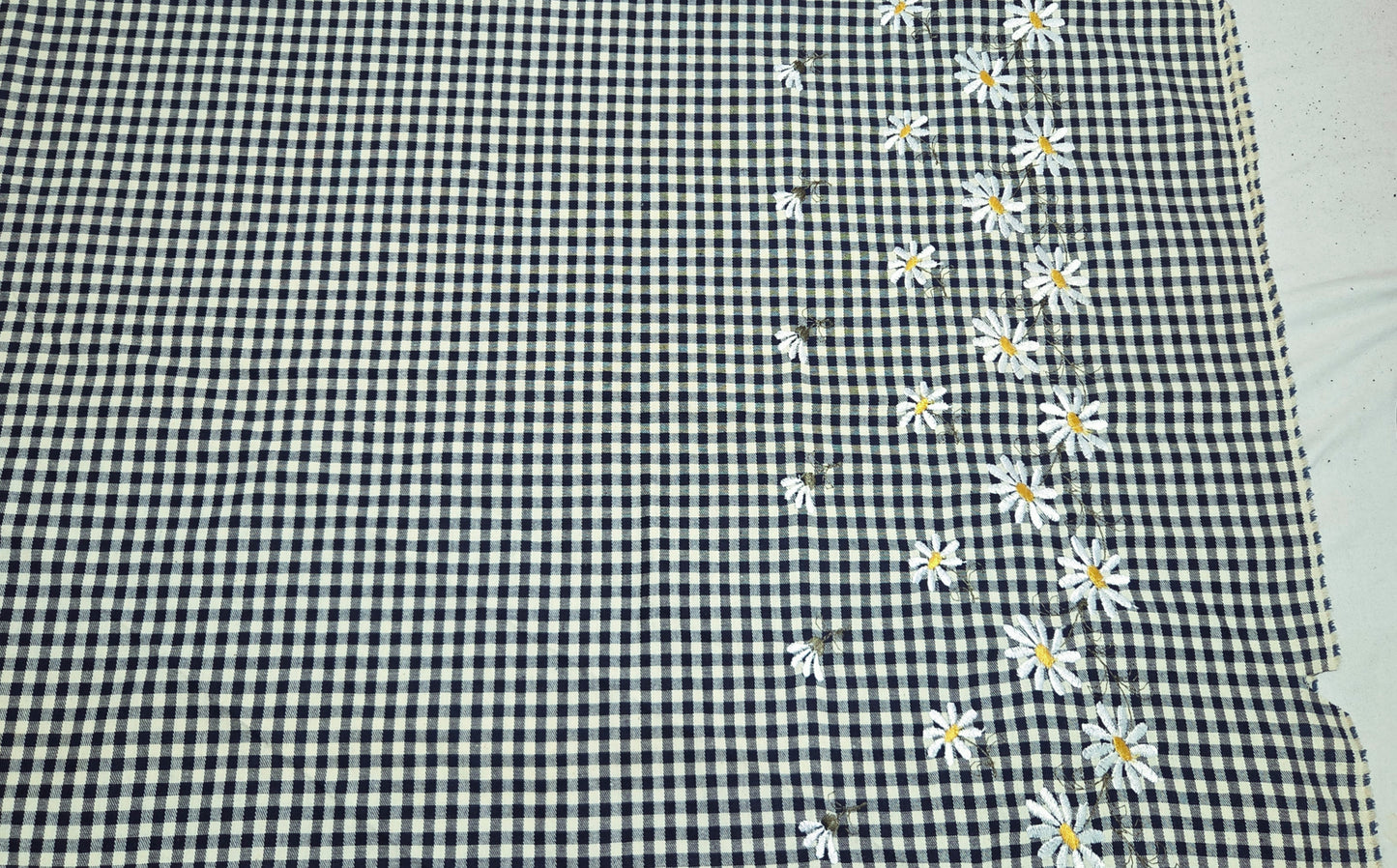 Cotton Denim Checkered 2 Sided Flower Embroider Fabric