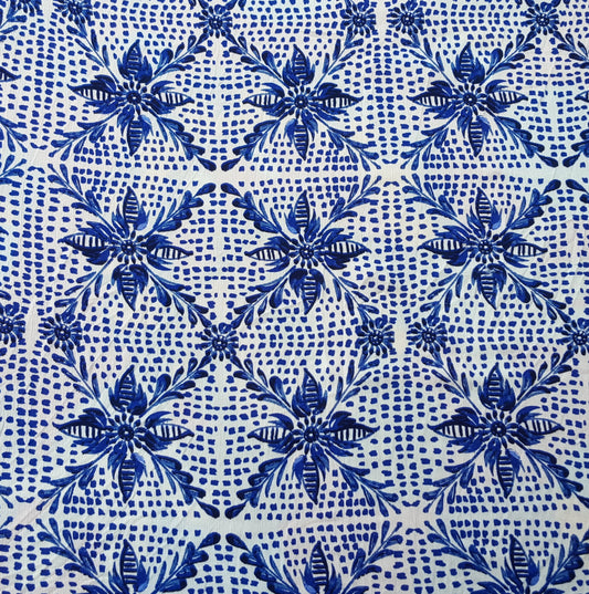 Rayon Crinkle Blue Flower Print on White