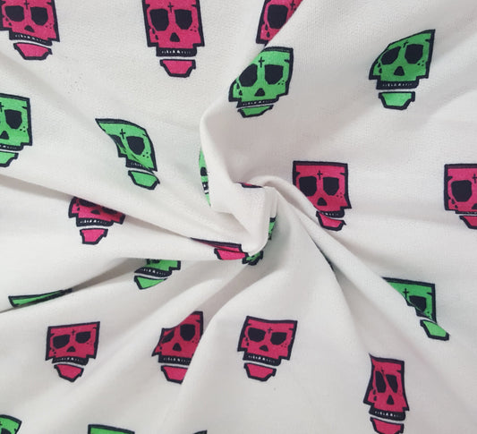 Green Pink Skull Cross Print Cotton French Terry Knit