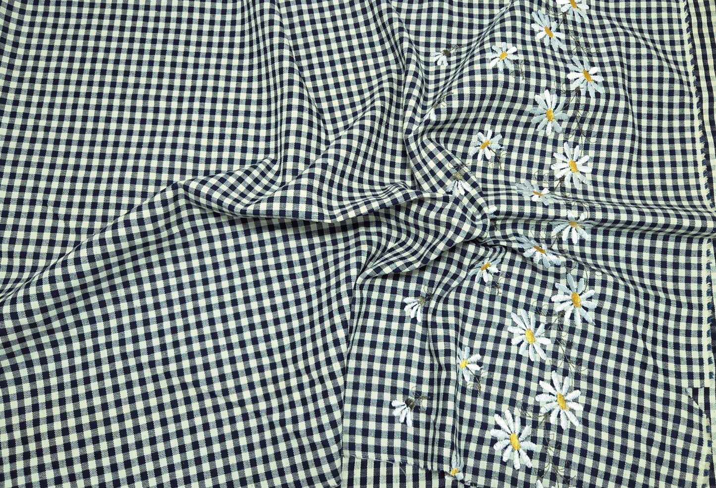 Cotton Denim Checkered 2 Sided Flower Embroider Fabric