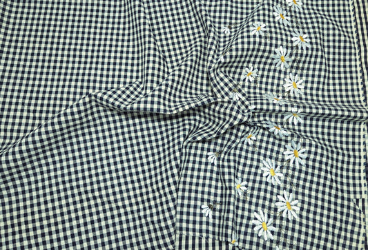 Cotton Denim Checkered 2 Sided Flower Embroider Fabric