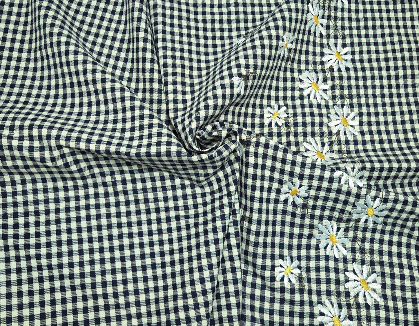 Cotton Denim Checkered 2 Sided Flower Embroider Fabric