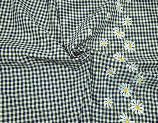 Cotton Denim Checkered 2 Sided Flower Embroider Fabric
