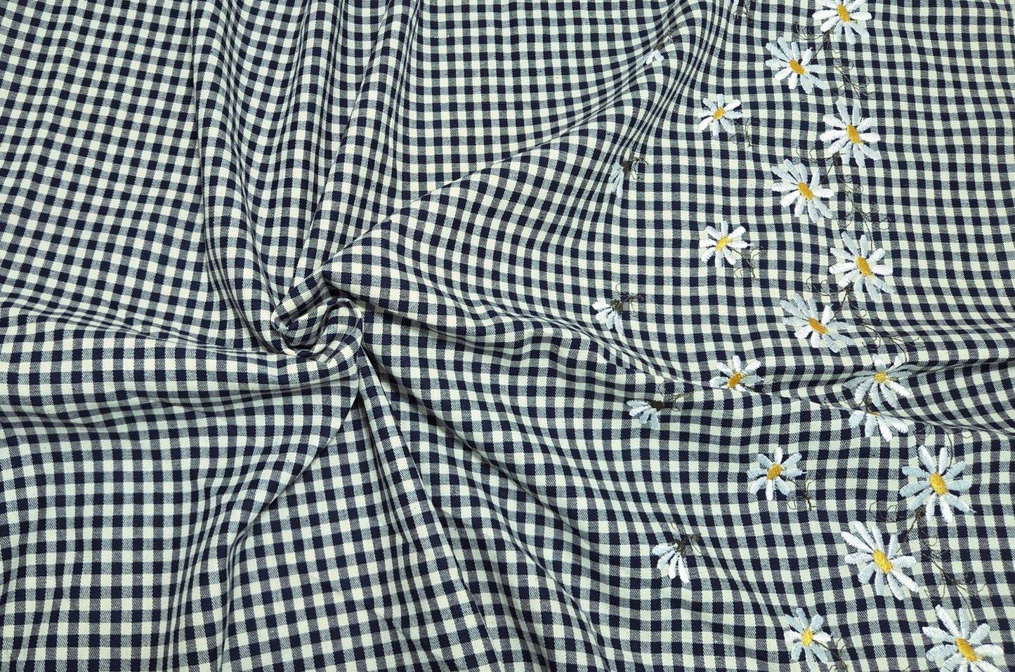 Cotton Denim Checkered 2 Sided Flower Embroider Fabric