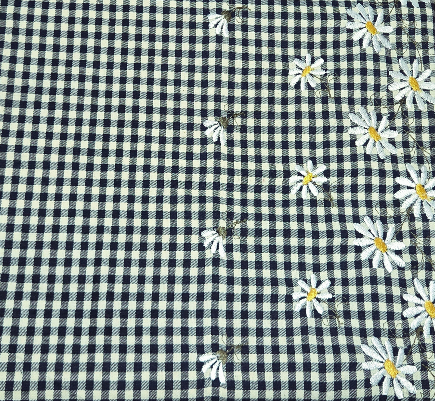 Cotton Denim Checkered 2 Sided Flower Embroider Fabric