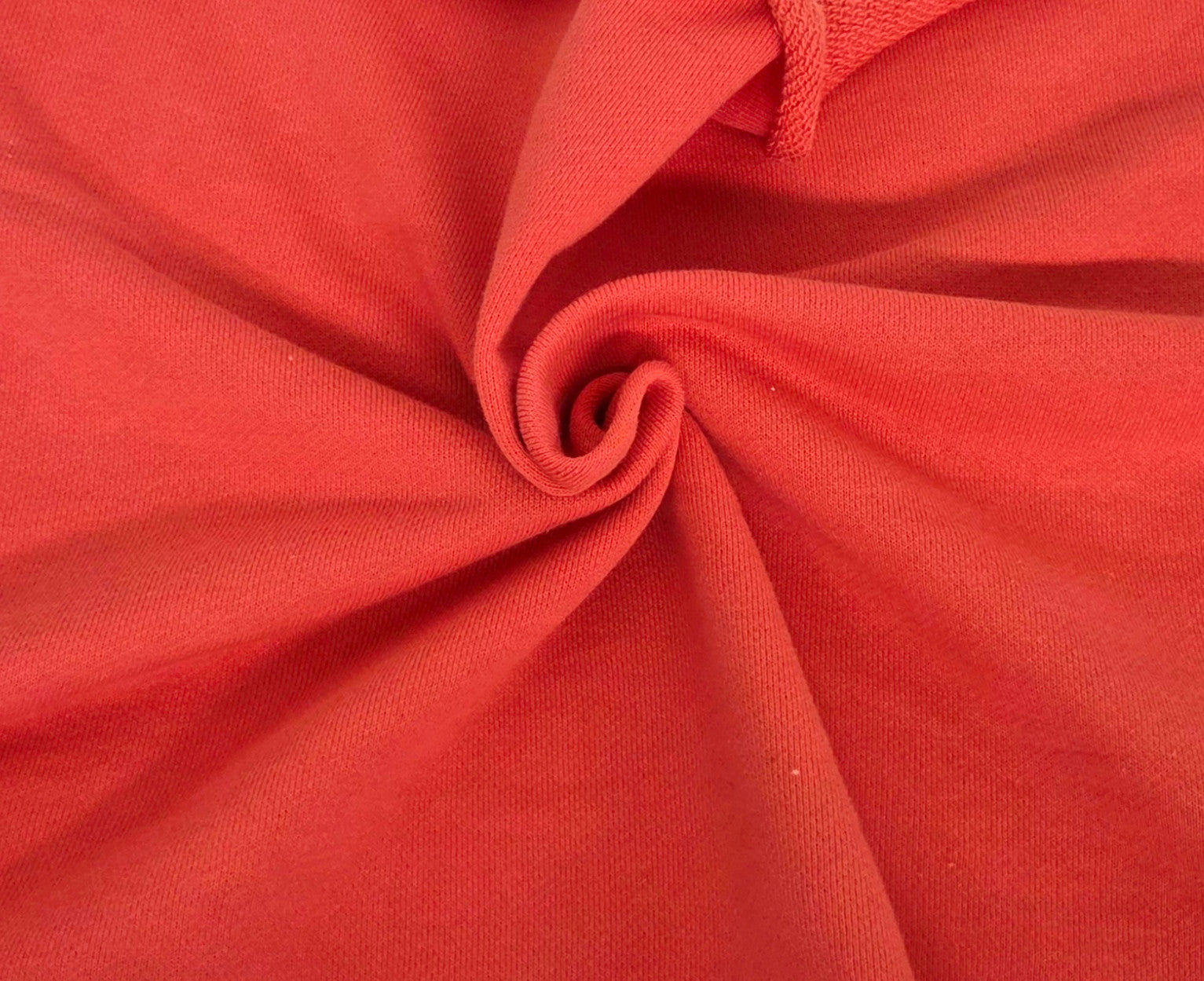 orange cotton french terry knit fabric by the yard, deadstock for joggers, zip ups, hoodies, bathrobes and pet apparel 