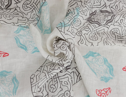 100% Woven Linen Blue Gray Abstract Print