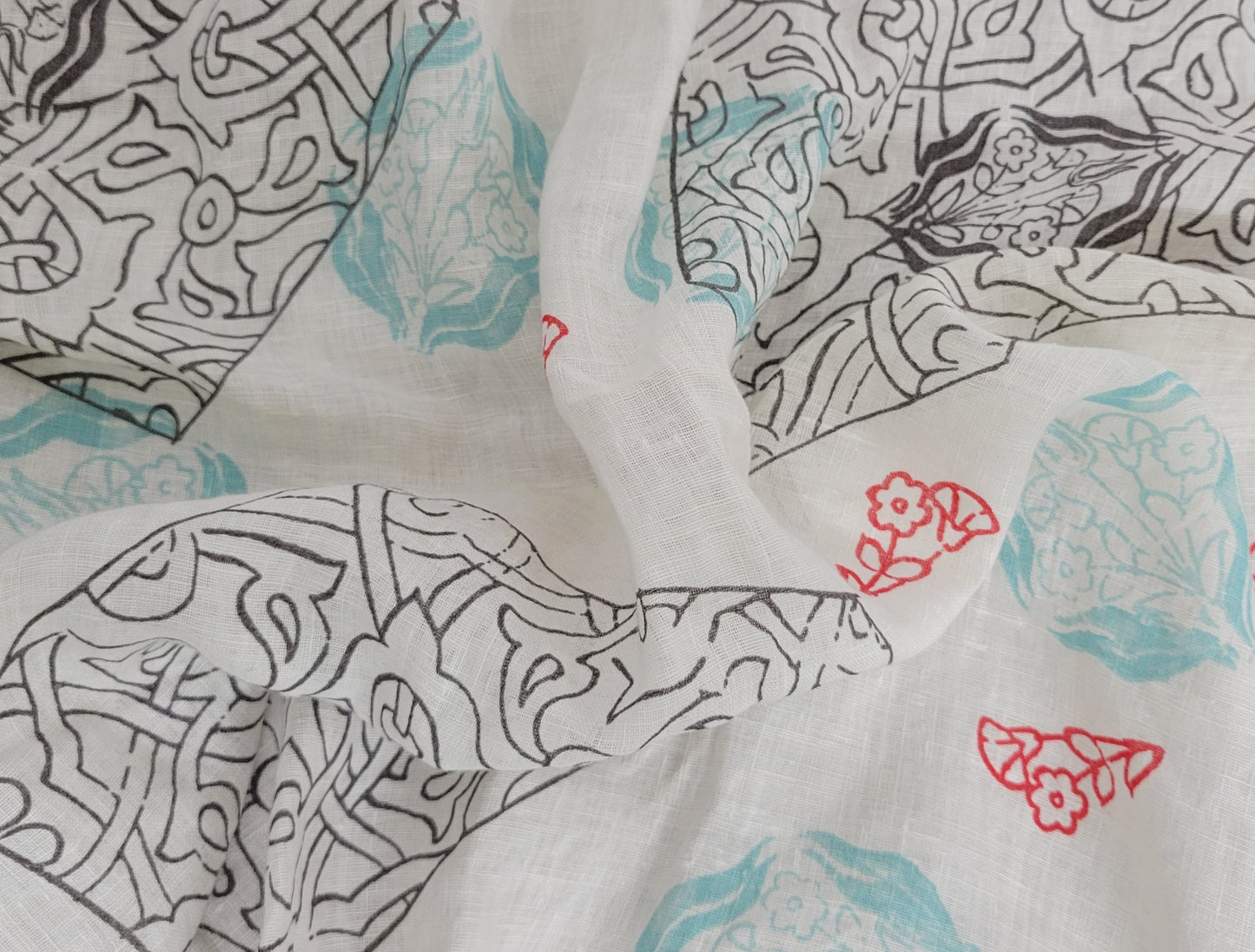 100% Woven Linen Blue Gray Abstract Print