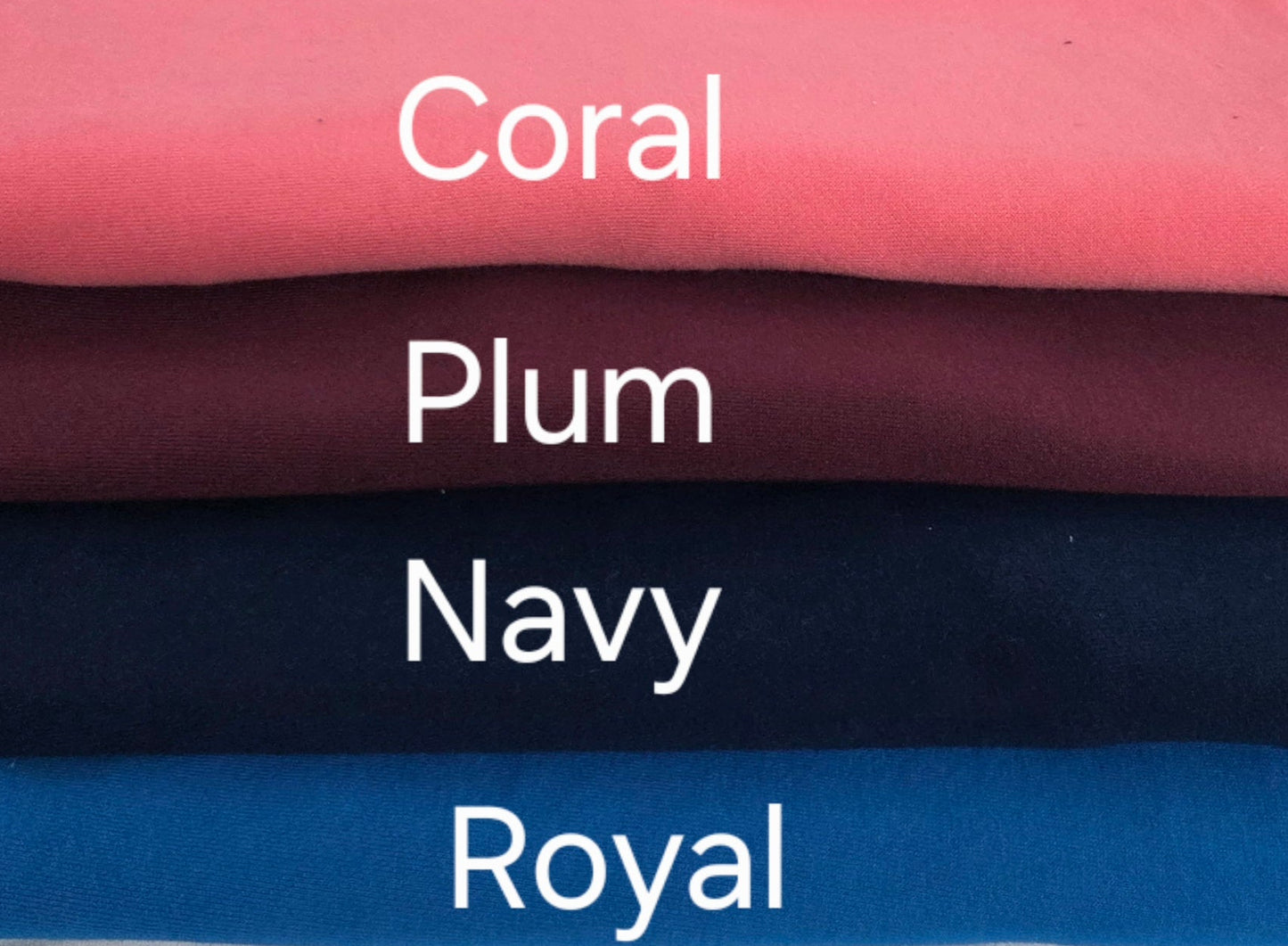 Cotton french terry knit fabric in royal, navy, coral, and plum for sweaters, hoodies, zip up, sweatpants and joggers.