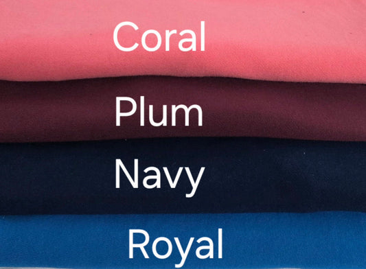 Cotton french terry knit fabric in royal, navy, coral, and plum for sweaters, hoodies, zip up, sweatpants and joggers.