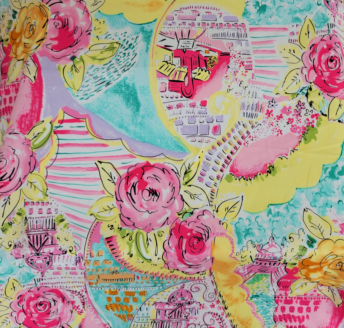 Cotton Twill Spandex Satin Finish Multicolor Big Flower Print Fabric