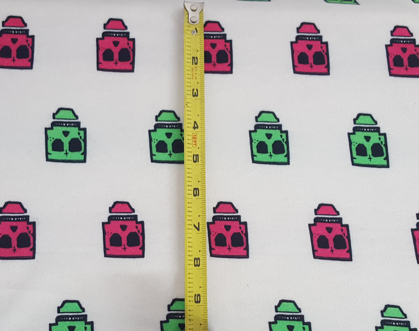 Green Pink Skulls and Cross Print Cotton French Terry Knit