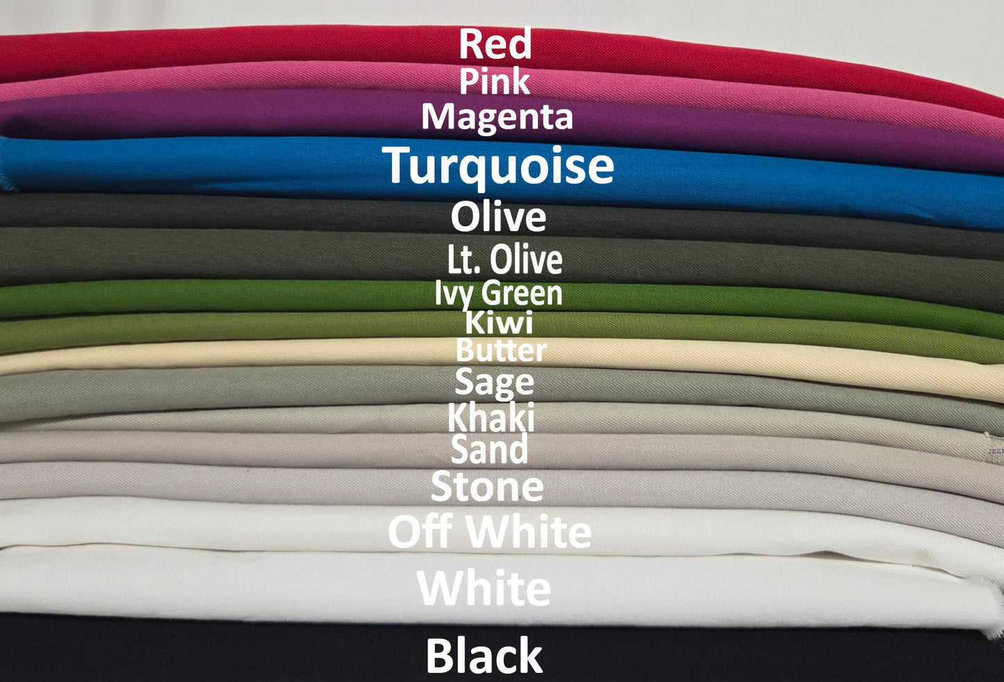 Stretch Cotton Twill Fabric in Various colors including black and white for chino pants, aprons, uniform, tote bag