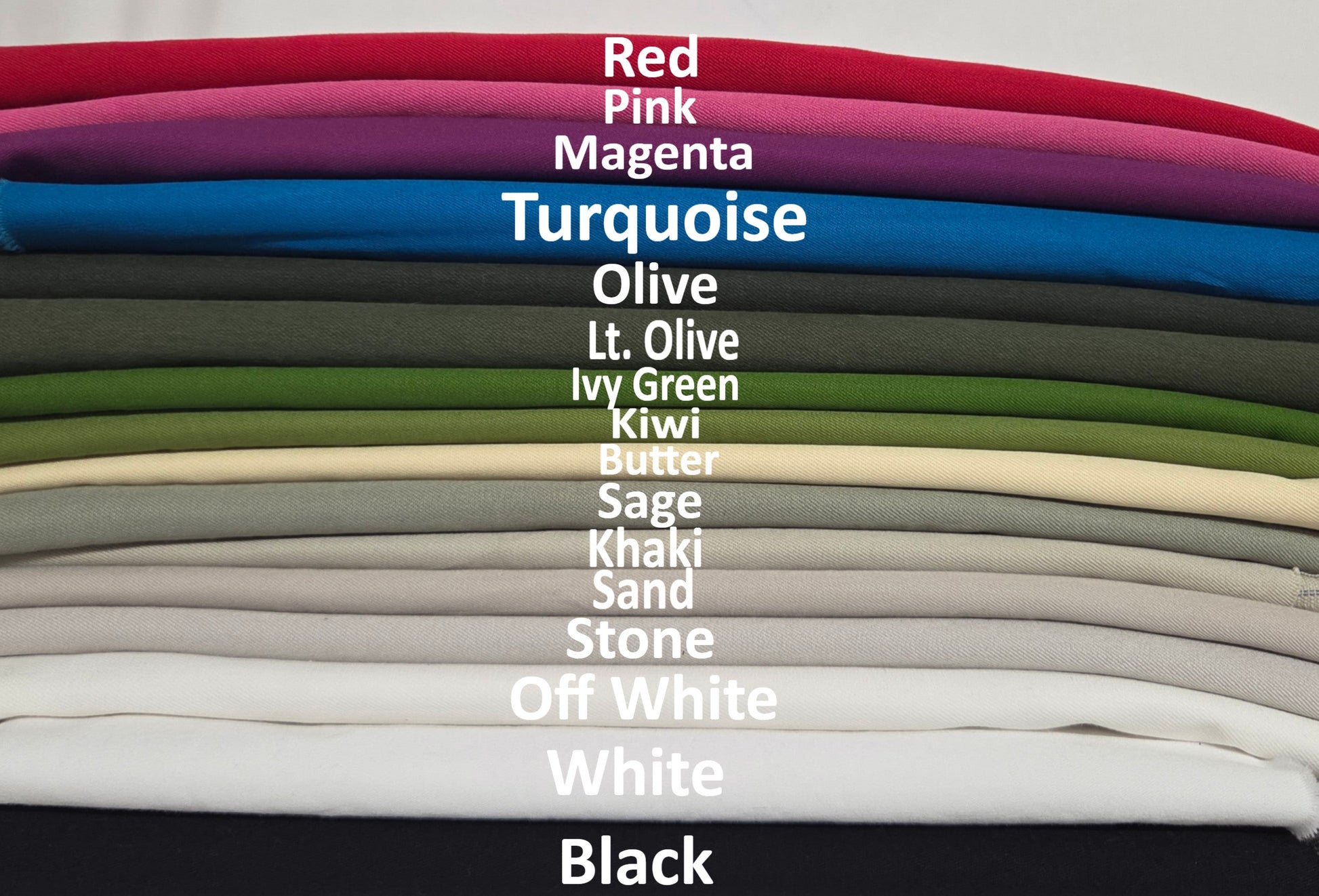Stretch Cotton Twill Fabric in Various colors including black and white for chino pants, aprons, uniform, tote bag