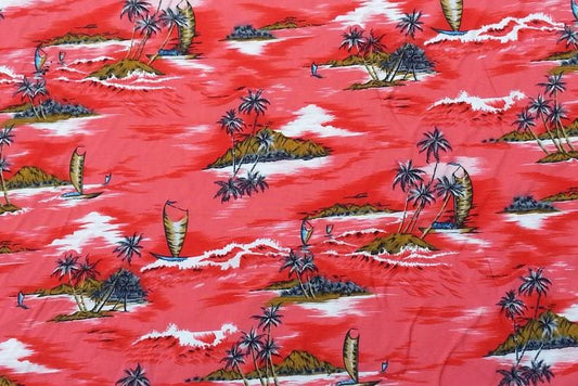 Red Hawaiian Print Rayon Challis Fabric