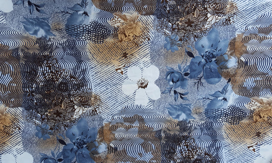 Cotton Twill Spandex Blue Brown Flower Print