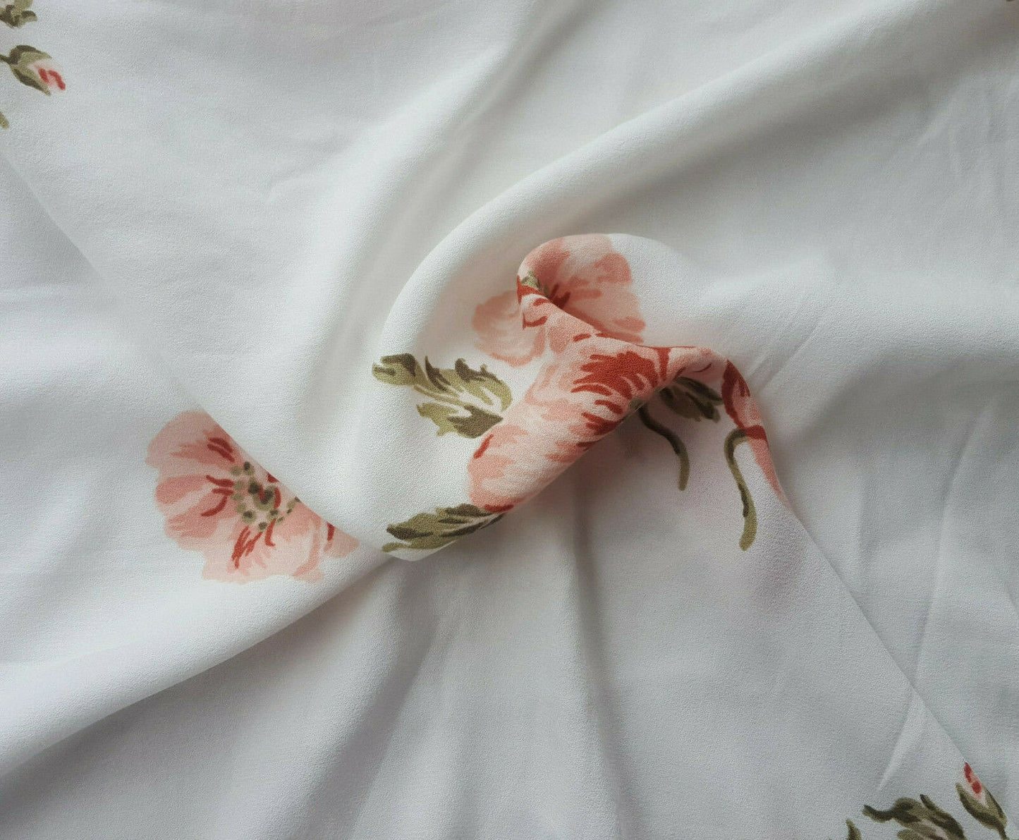 Rayon Crepe Blush Flowers on White