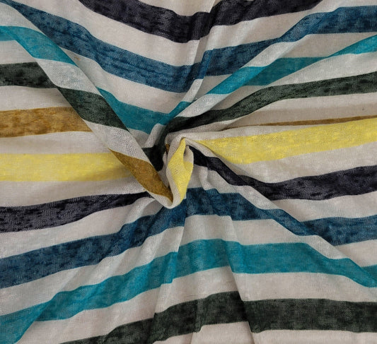Multicolor (Blue Yellow White) Stripes #1 Yarn Dye Polyester Jersey Knit