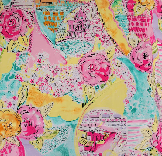 Cotton Twill Spandex Satin Finish Multicolor Big Flower Print