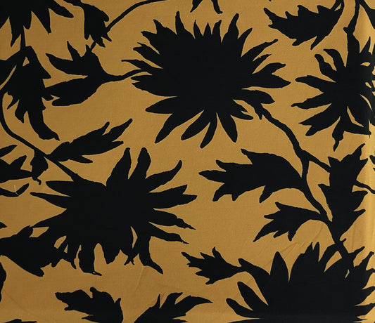 Gold and Black Floral Print #1 Nylon Spandex 1x1 Rib Knit